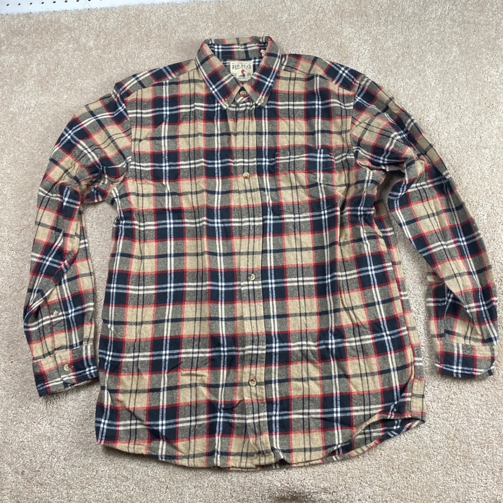 RedHead Brand Co‎ Mens Large Flannel Shirt Plaid Cotton Button Down Tan Red Navy
